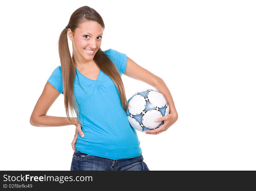 Pretty teenager with ball over white background. Pretty teenager with ball over white background