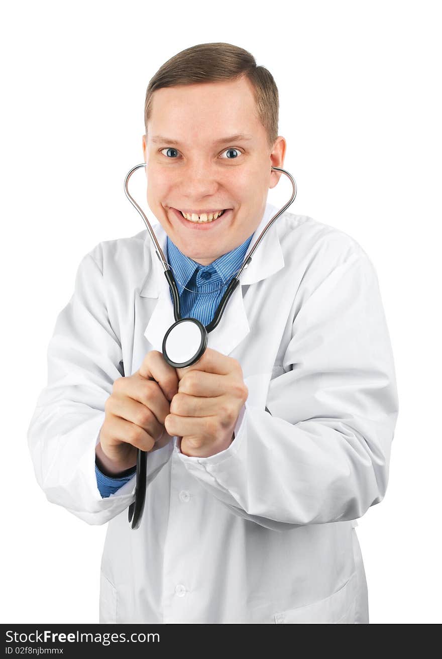 Crazy and funny young doctor isolated over white