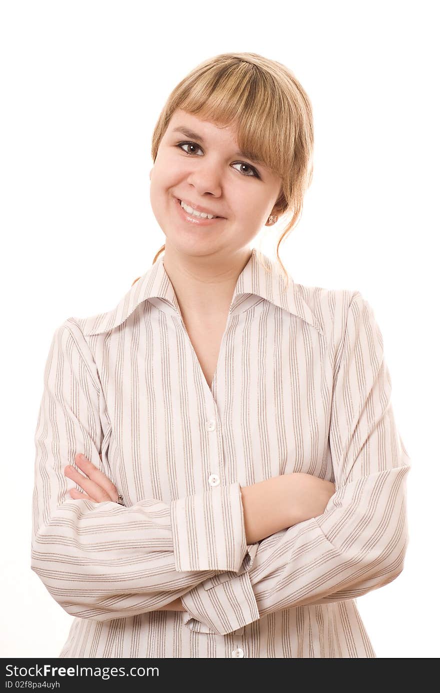 Beautiful young girl on a white background