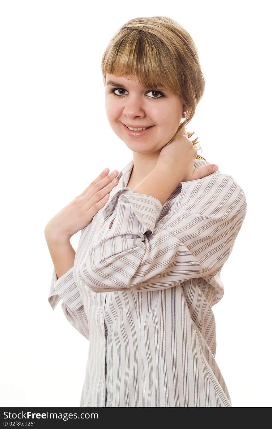 Beautiful girl smiling on a white background