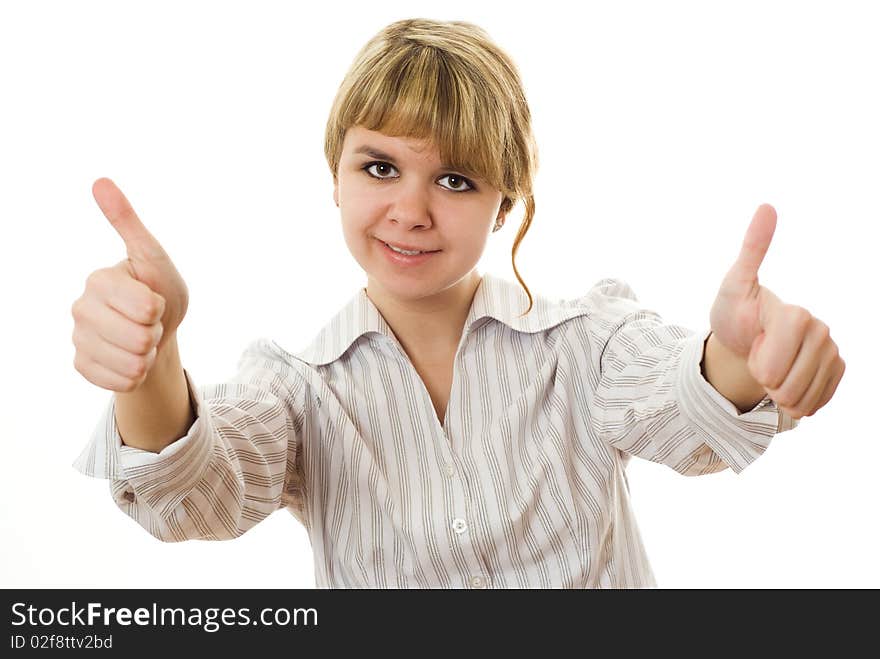 Beautiful young girl smiling on a white background