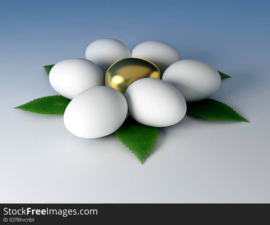 Several eggs with golden egg in the middle. Eggs are located in shape of the flower. 3D illustration