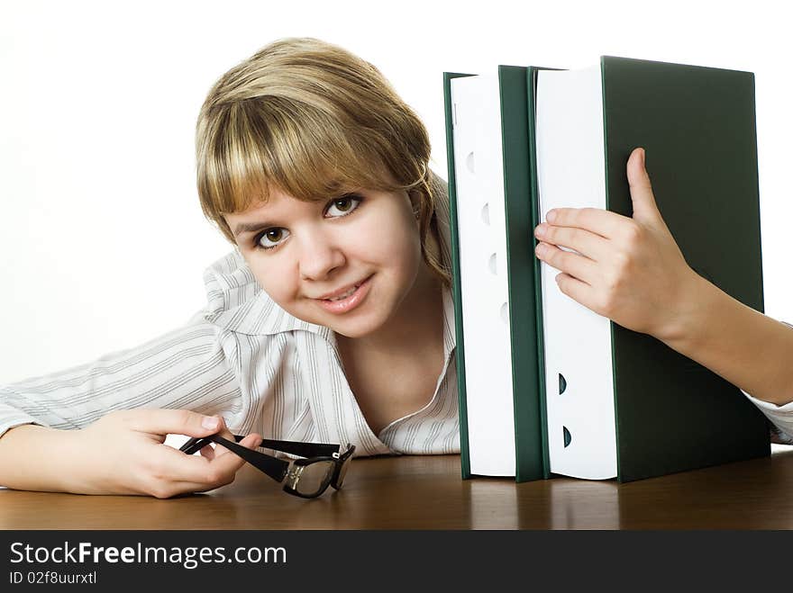 Young student with a book on white. Young student with a book on white