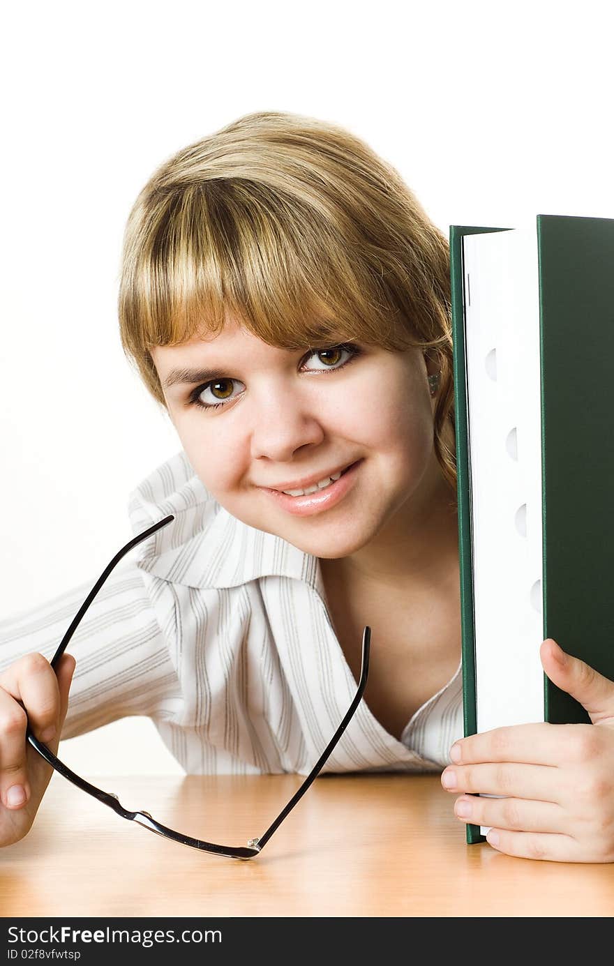 Student with a book on white background. Student with a book on white background