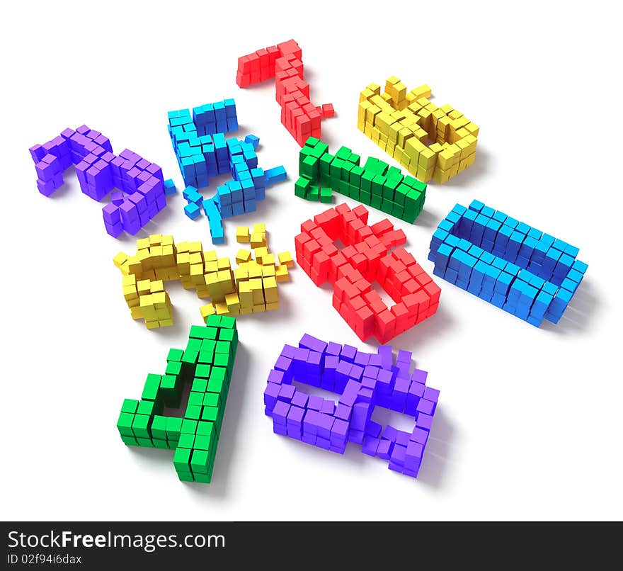 Bright cubes in the form of numbers scattered. Bright cubes in the form of numbers scattered