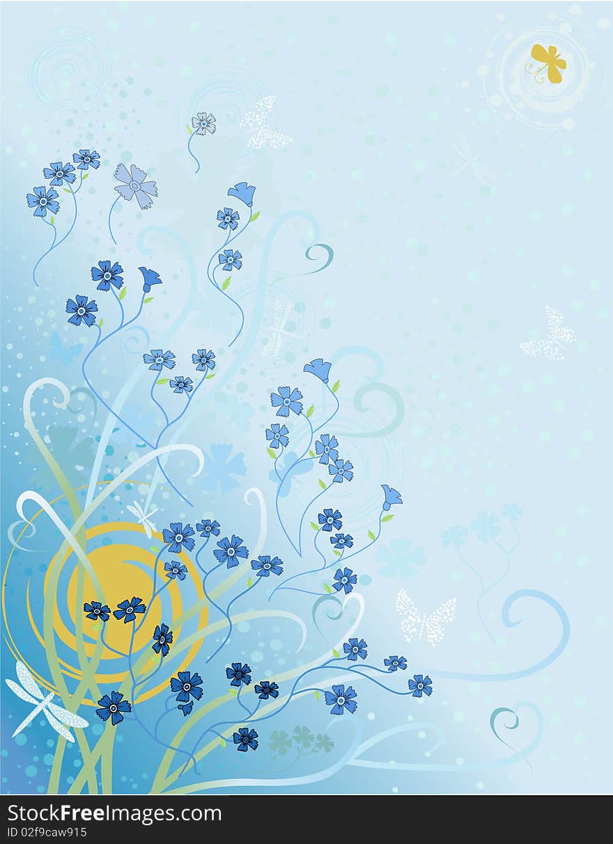 Abstract flowers and butterflies on a blue background. Abstract flowers and butterflies on a blue background