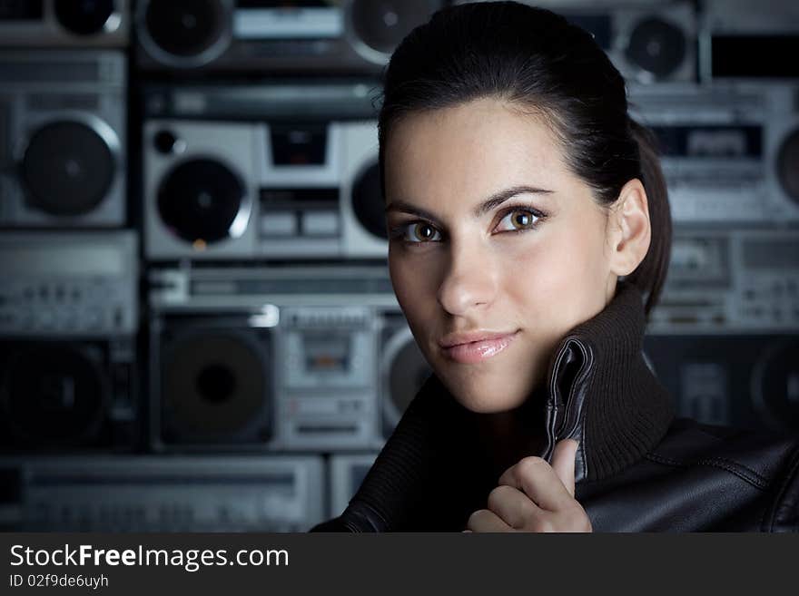 Portrait of woman with Boom Box background