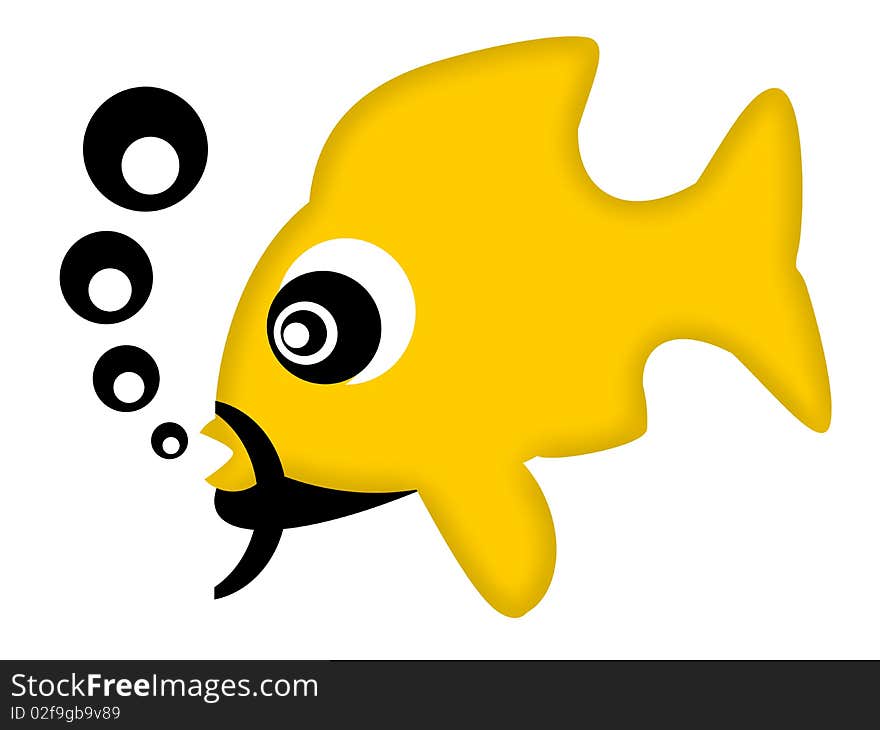 Funny yellow fish with black mustache, beard and bubbles isolated over white background