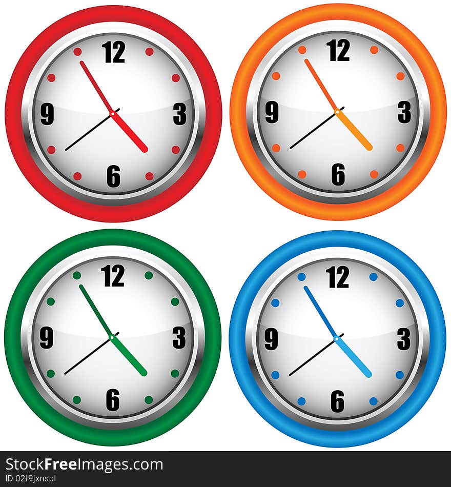 Multi-coloured wall clock. A  illustration.