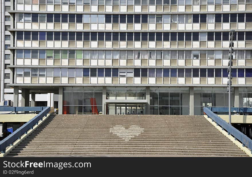 Cordial, heart shaped sign on the steps towards the entrance of an official building - namely the municipality building of Tel-Aviv. Cordial, heart shaped sign on the steps towards the entrance of an official building - namely the municipality building of Tel-Aviv