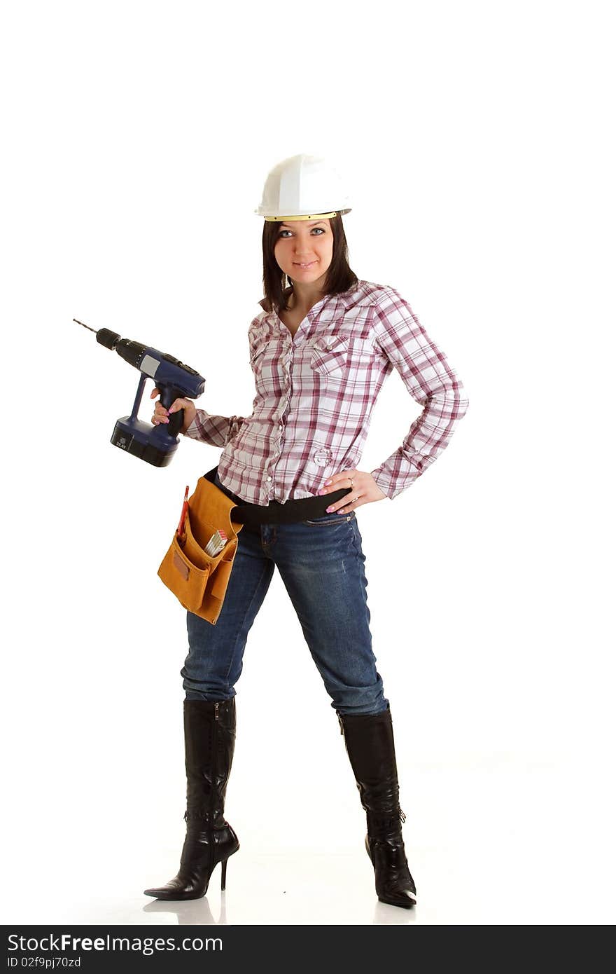 Girl with helmet and drill