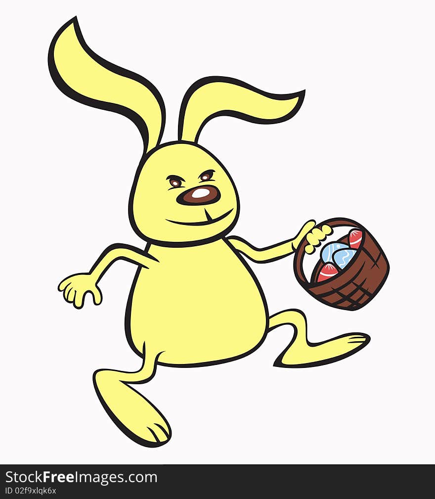Easter Bunny is holding a basket with the eggs.