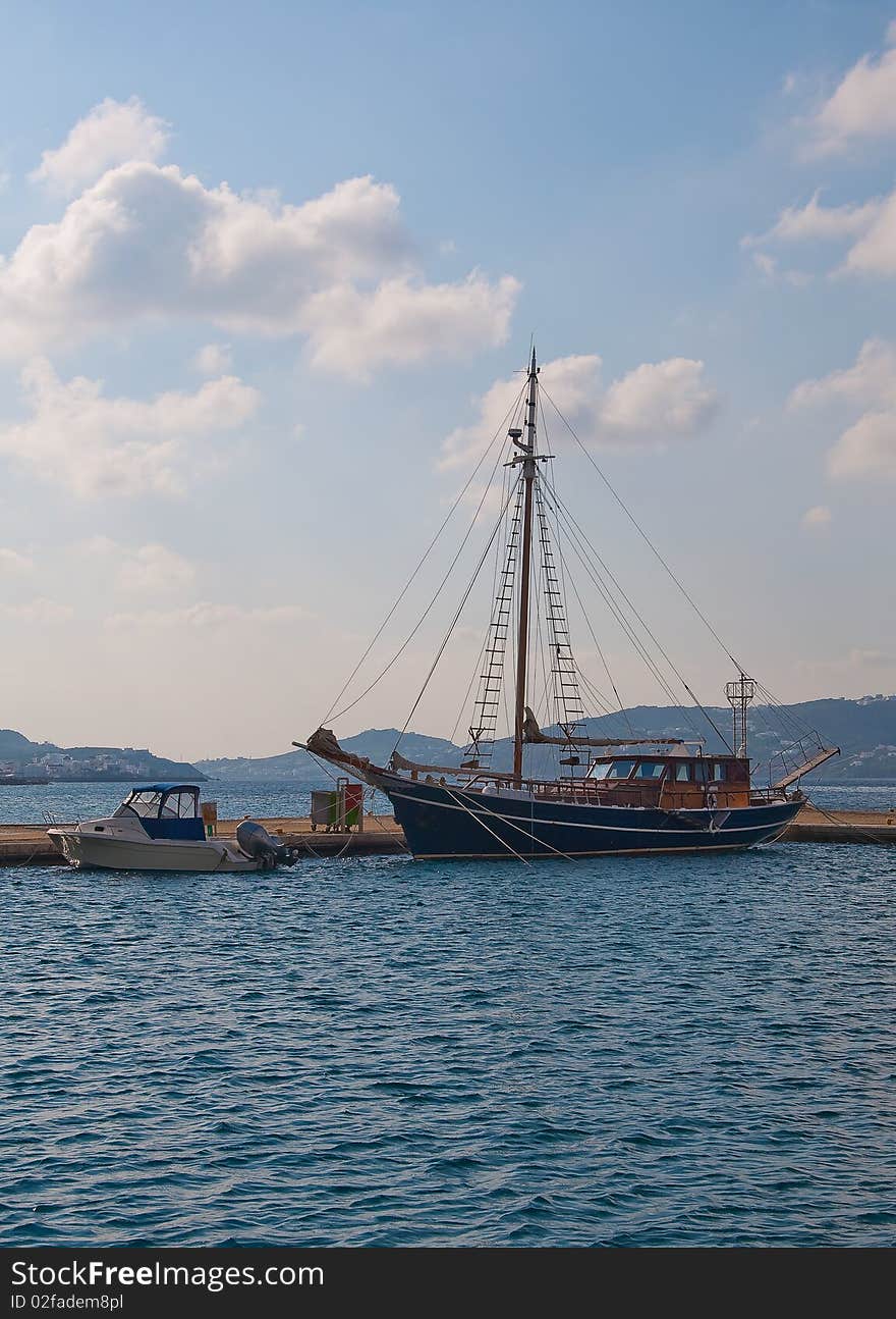 Pleasure yacht in the ancient style in the bay