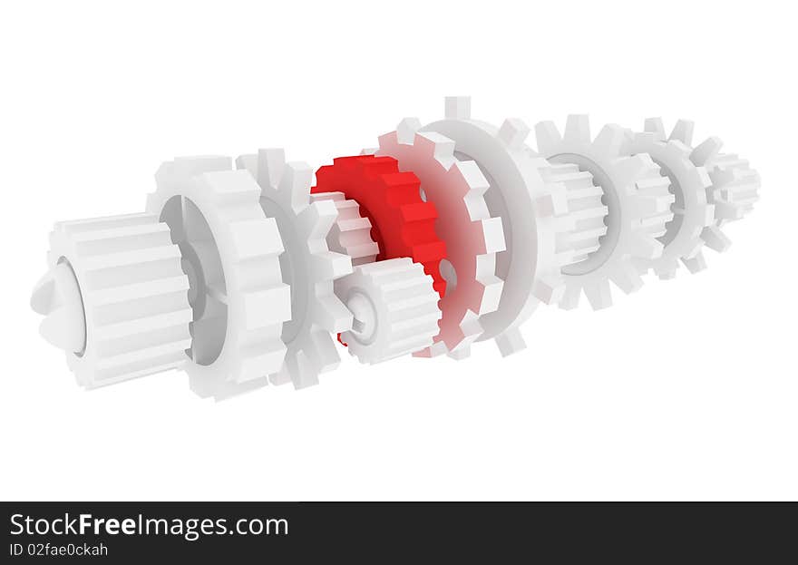 Many white and one red gears on white background with clipping path. Many white and one red gears on white background with clipping path