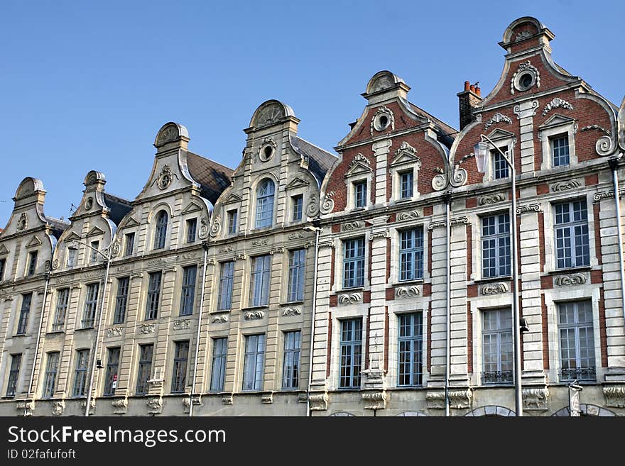 The Renaissance architecture of the main square in Arras. Carefully reconstructed and restored after being destroyed in the first world war, being on the western front. The Renaissance architecture of the main square in Arras. Carefully reconstructed and restored after being destroyed in the first world war, being on the western front.