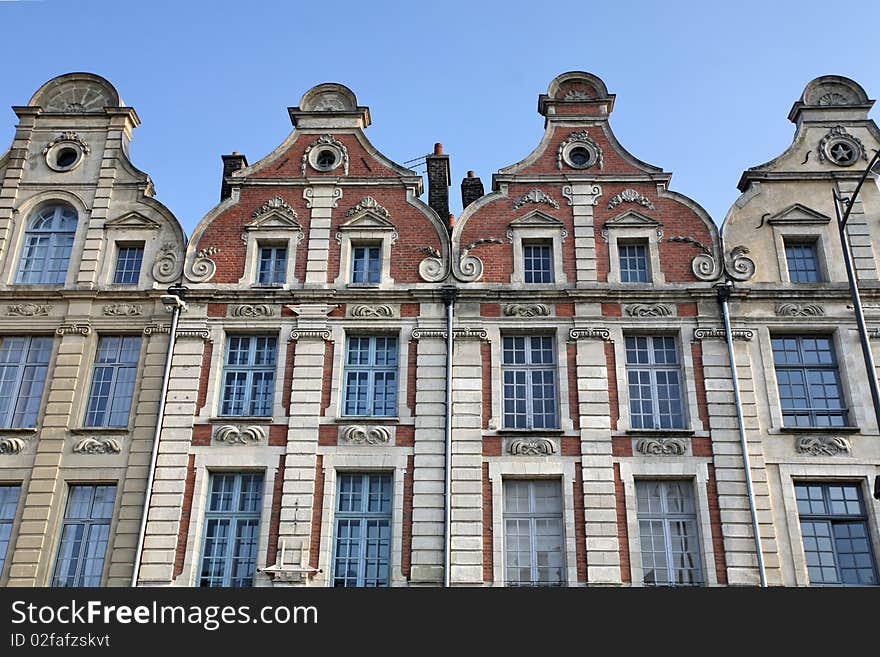 The Renaissance architecture of the main square in Arras.  Carefully reconstructed and restored after being destroyed in the first world war, being on the western front. The Renaissance architecture of the main square in Arras.  Carefully reconstructed and restored after being destroyed in the first world war, being on the western front.