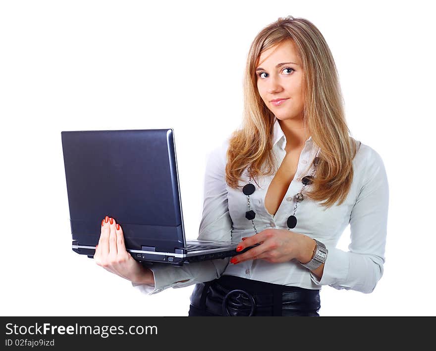 Business woman with laptop isolated on a white background