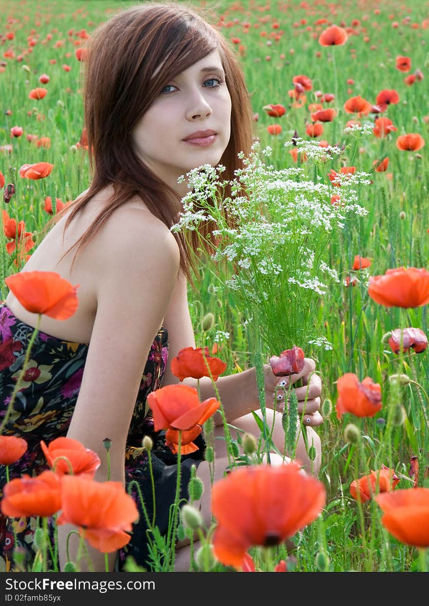 Beautiful girl with long hair posing at poppy meadow. Beautiful girl with long hair posing at poppy meadow