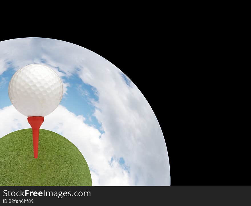 Distorted golf ball on grass with blue cloudy sky. Distorted golf ball on grass with blue cloudy sky