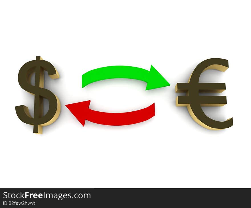 Currency exchange. Dollar and euro isolated on white background. High quality 3d render. Currency exchange. Dollar and euro isolated on white background. High quality 3d render.