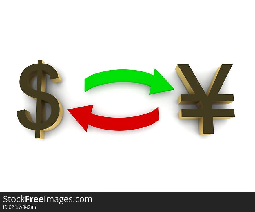 Currency exchange. Dollar and yen isolated on white background. High quality 3d render. Currency exchange. Dollar and yen isolated on white background. High quality 3d render.