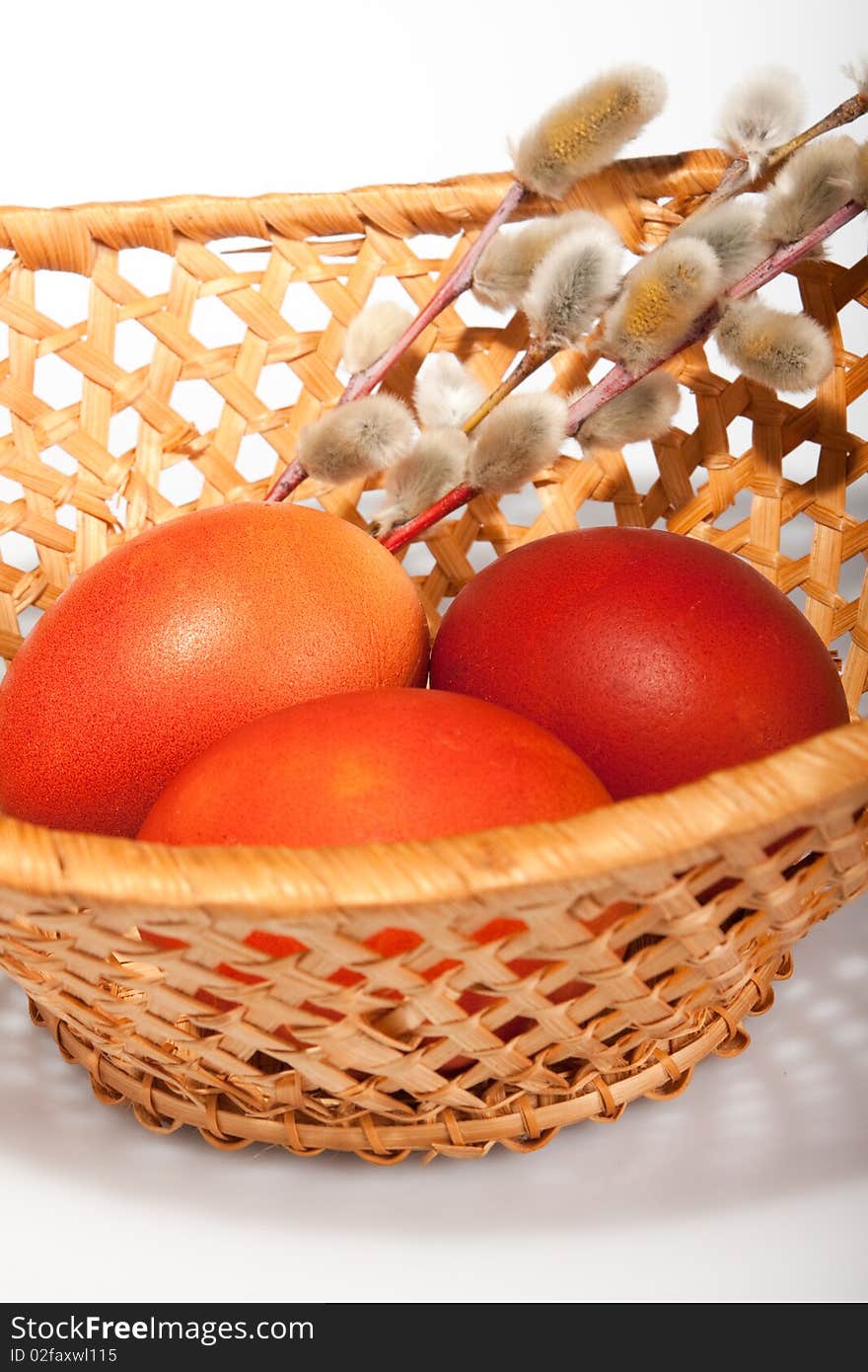 Painted egg and willow in basket, easter. Painted egg and willow in basket, easter