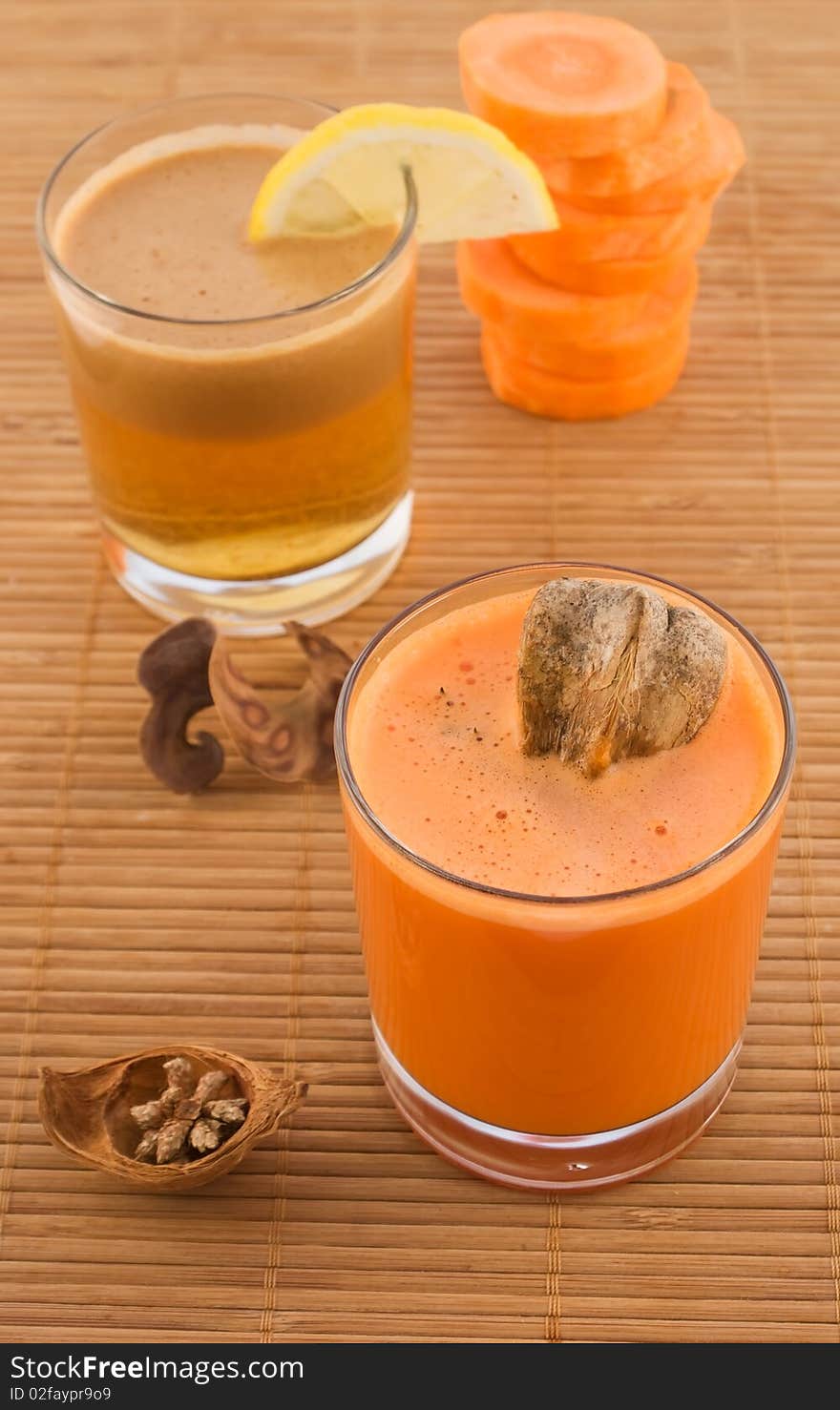 Fresh carrot juice and fruit