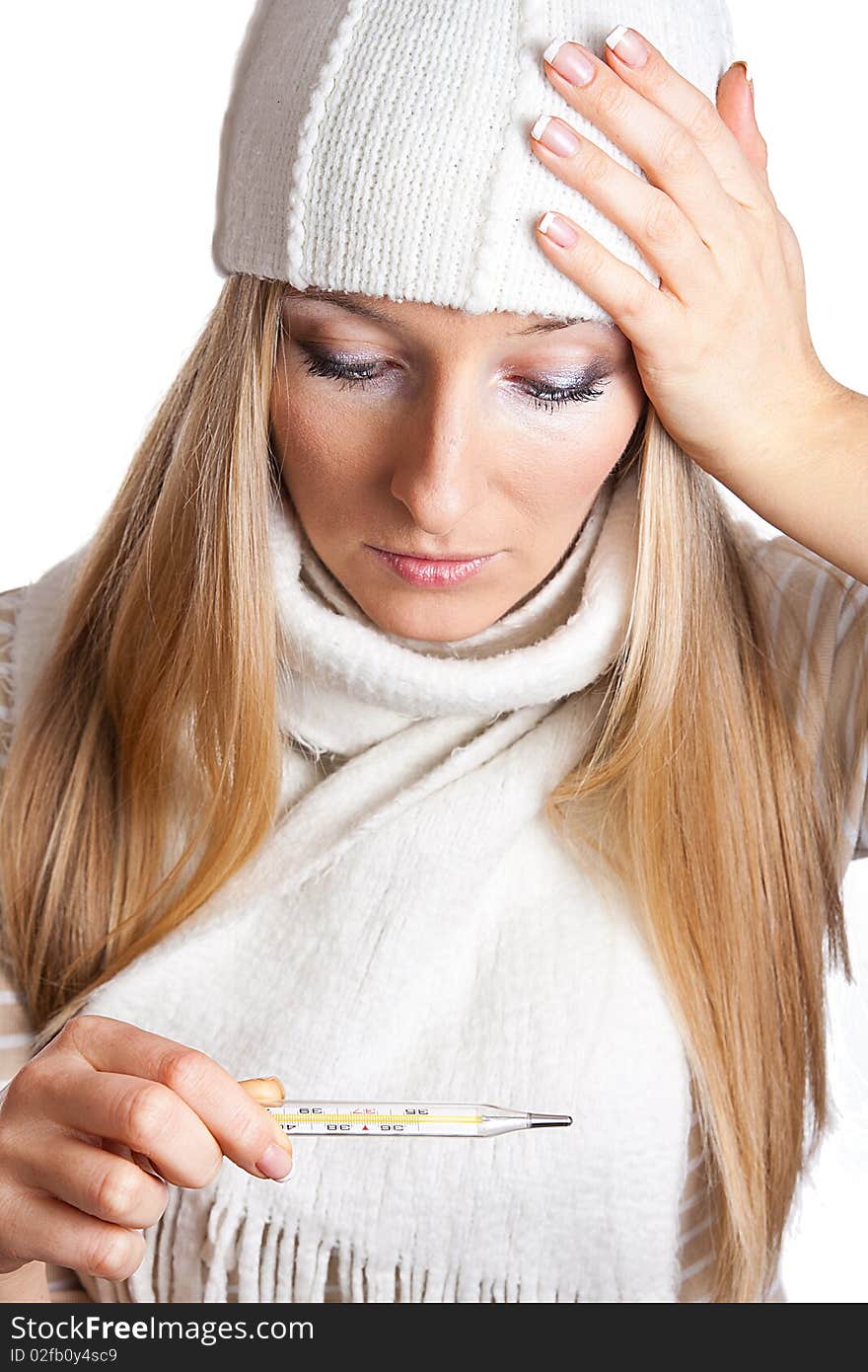 Sick Woman With Thermometer In Hat