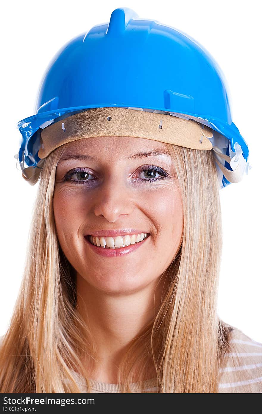 Woman worker in blue helmet