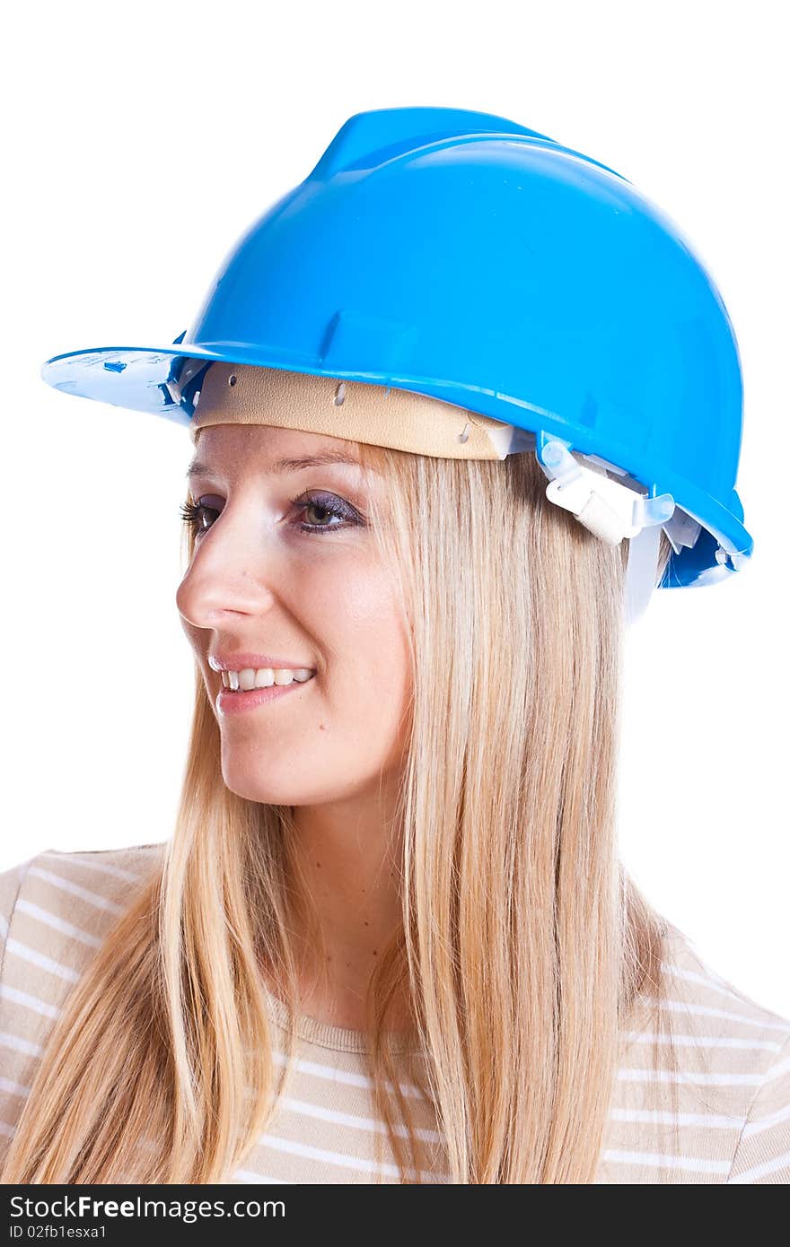 Woman worker in blue helmet