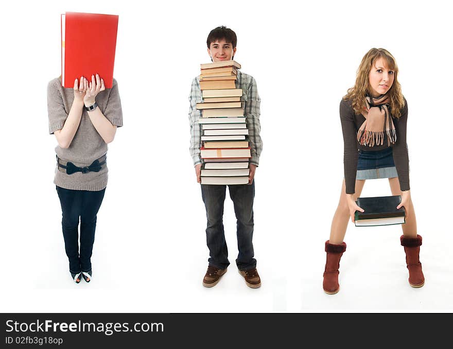 The three young students isolated on a white