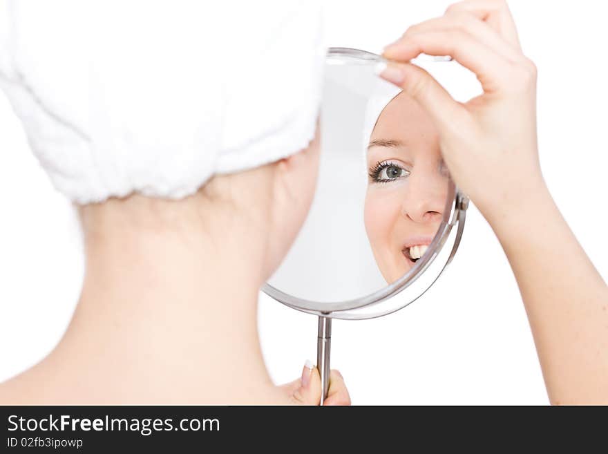 Woman makeup in mirror reflection on isolated background