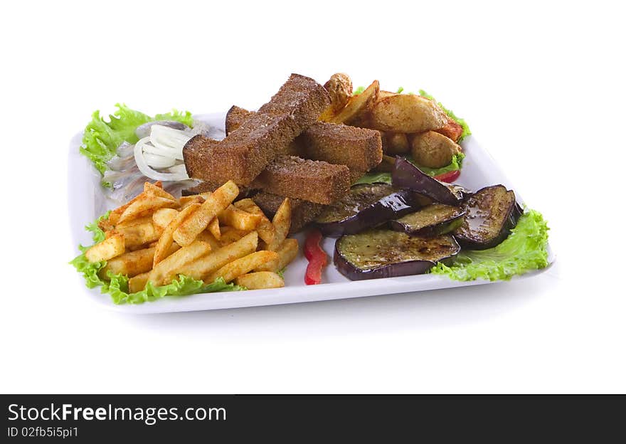 Appetizer: Fries, fish, bread and eggplant. Appetizer: Fries, fish, bread and eggplant