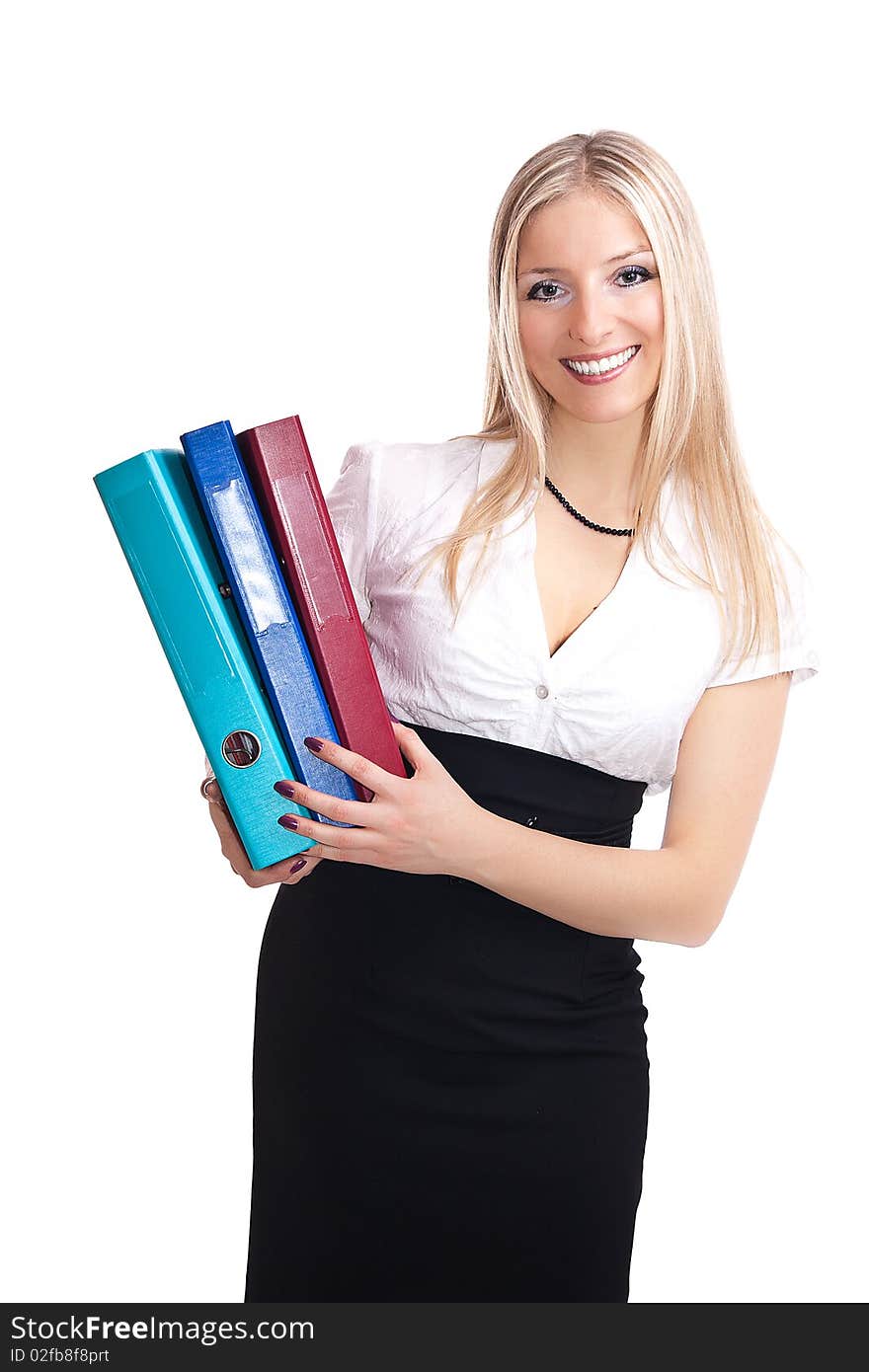 Caucasian blonde business woman in formal dress holding files