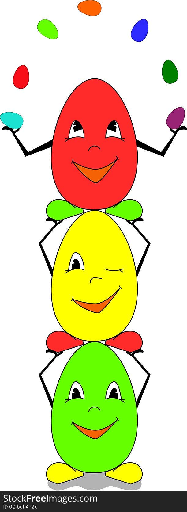 Three easter eggs stand on each other and the egg on the top juggles seven small eggs. Three easter eggs stand on each other and the egg on the top juggles seven small eggs