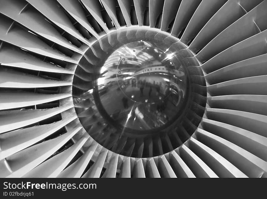 Plane's turbine in close up.