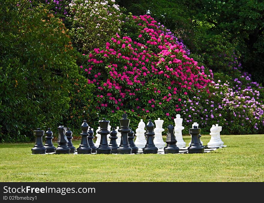 Chess game in a beautiful lawn setting. Chess game in a beautiful lawn setting.