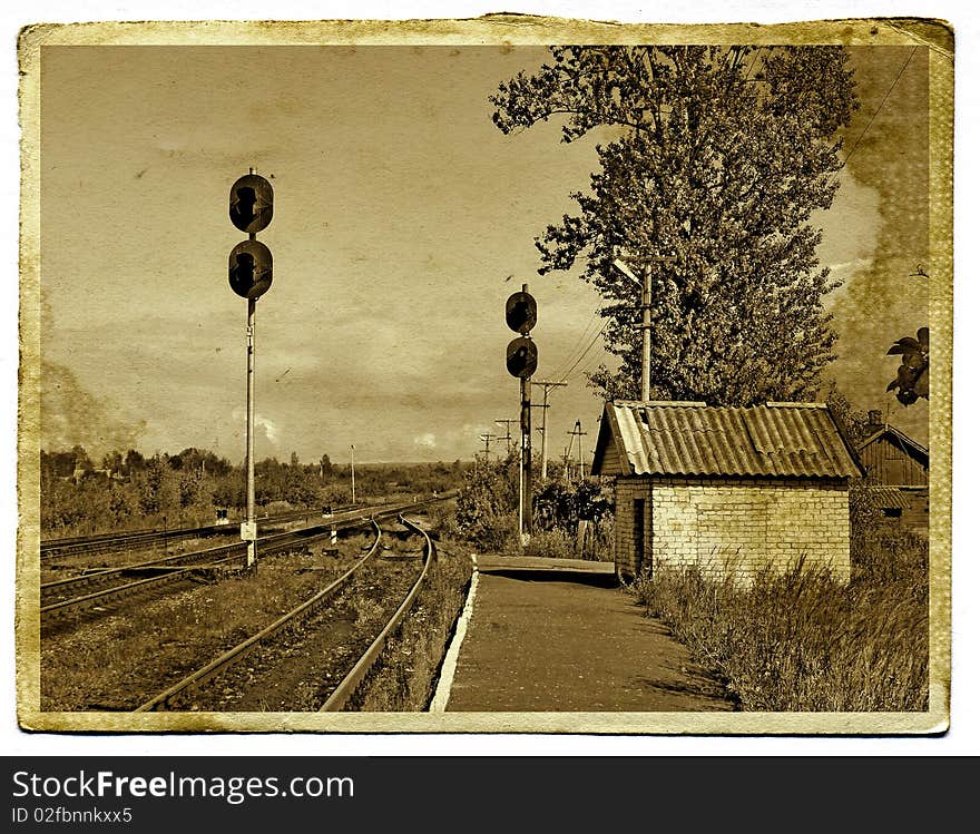 Rural railway station on aging photography