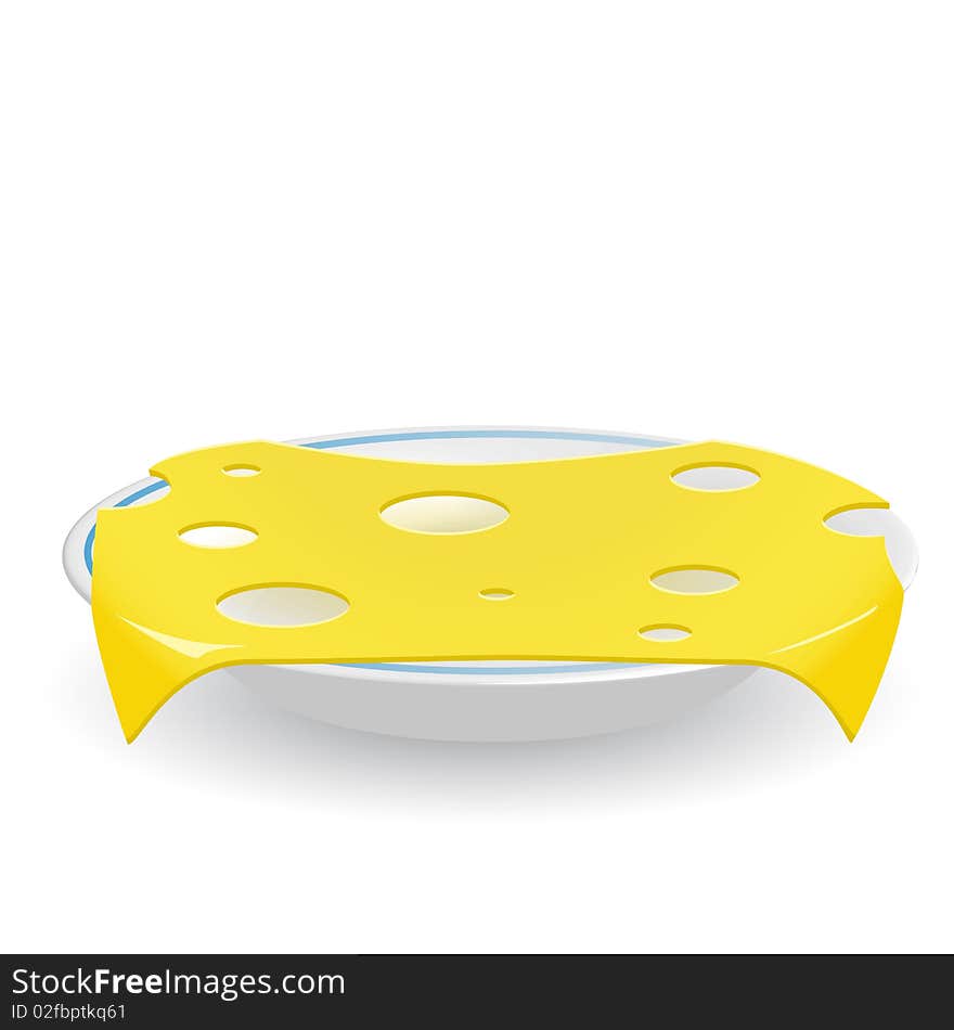 Illustration, slice of the cheese on saucer on white background