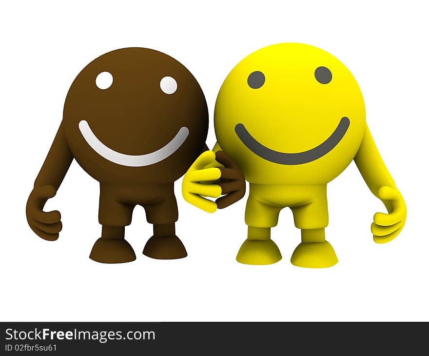 Two smileys holding hands. Isolated on white. Concept render