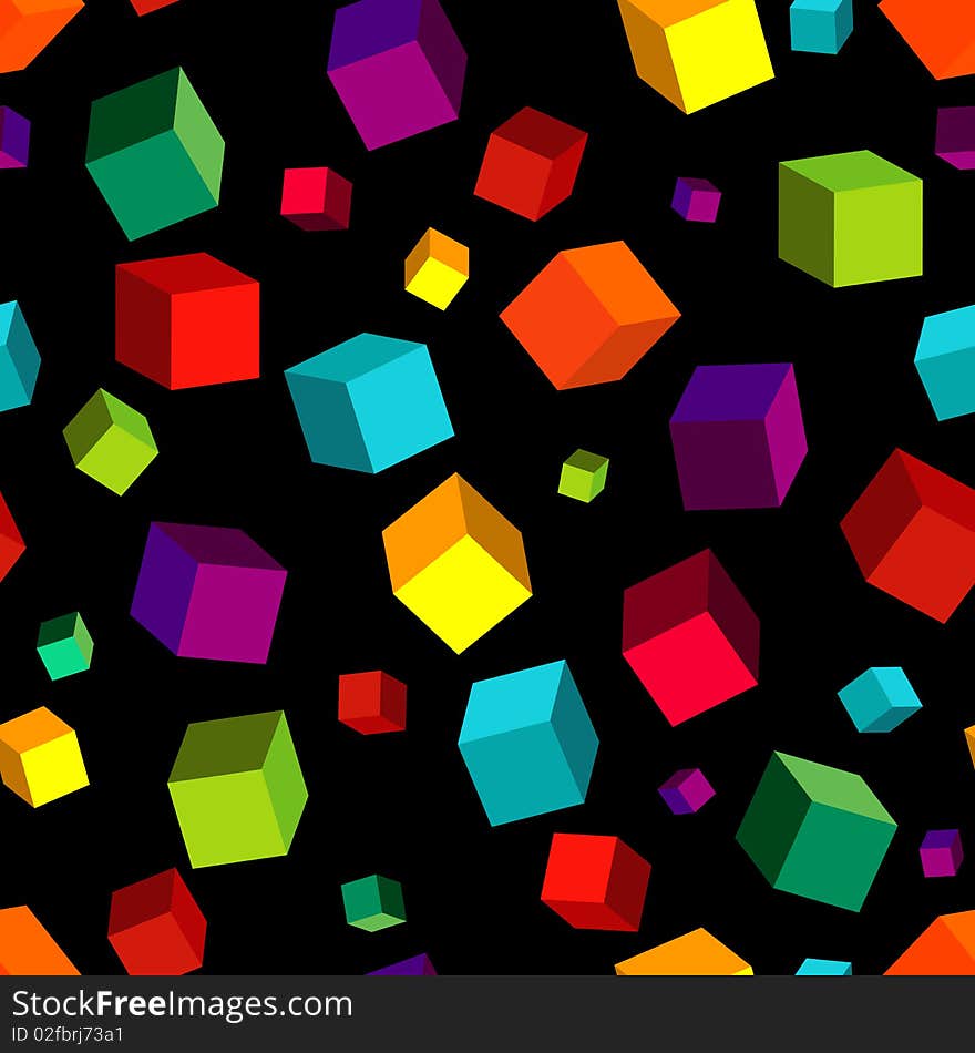 Seamless black pattern with colorful volume cubes