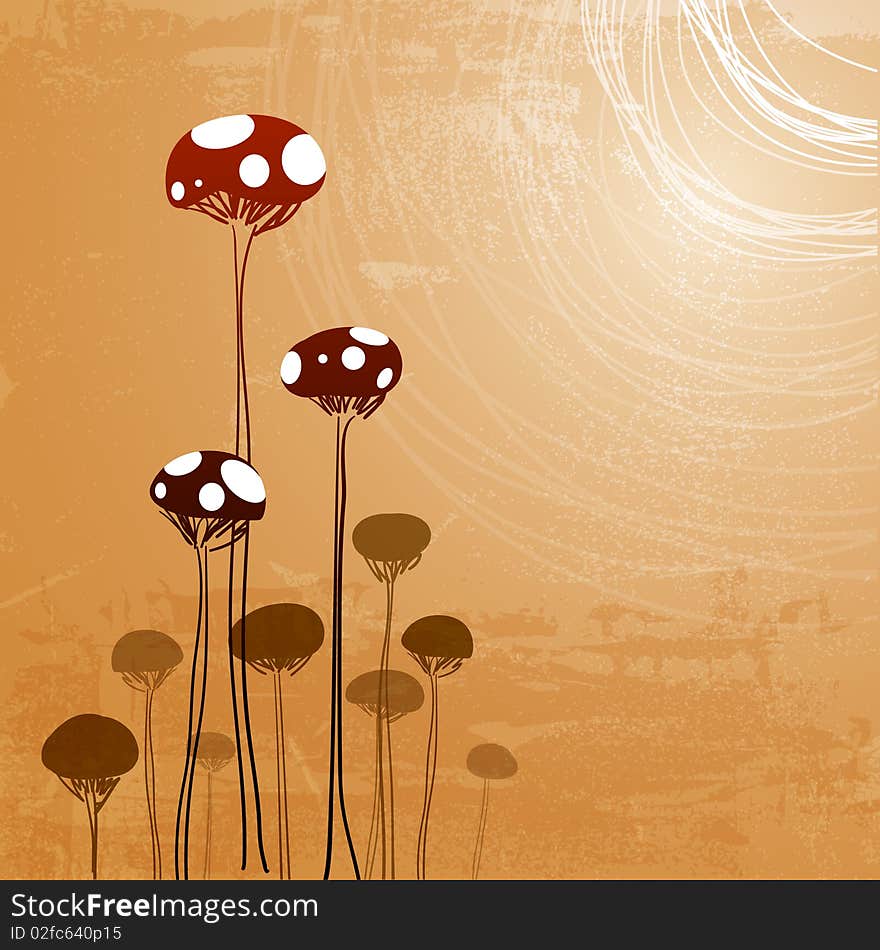 Layered  illustration of mushroom growth on a grungy sunset background. Layered  illustration of mushroom growth on a grungy sunset background.