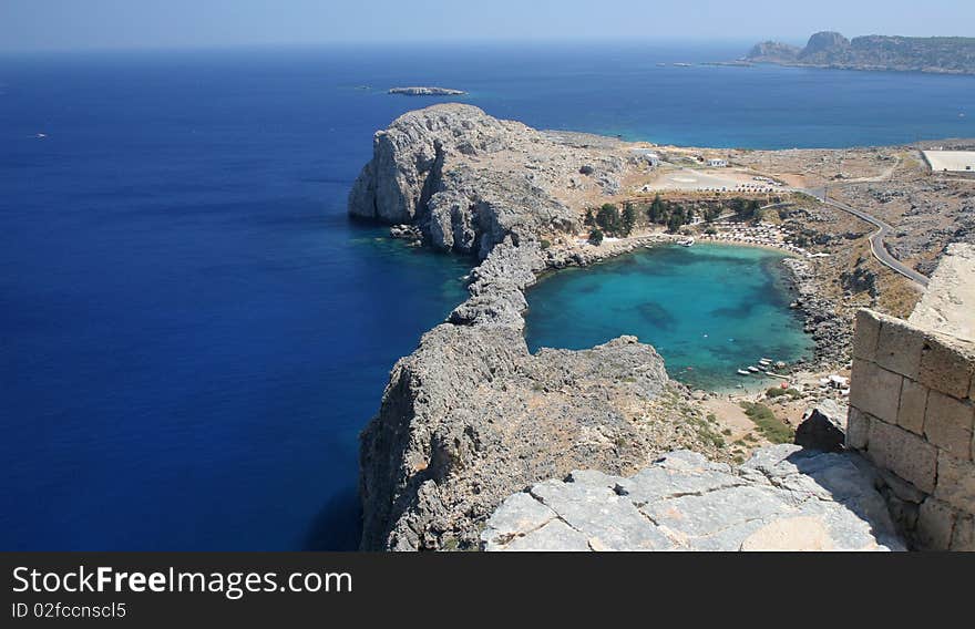 Sea lagun behind a Lindos Acropolis in Rhodes in Greece. Sea lagun behind a Lindos Acropolis in Rhodes in Greece