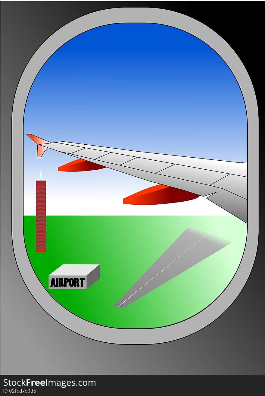 Vector illustration of airplane or airbus plane window showing the wing and the airport on the ground with space for insert text. Vector illustration of airplane or airbus plane window showing the wing and the airport on the ground with space for insert text