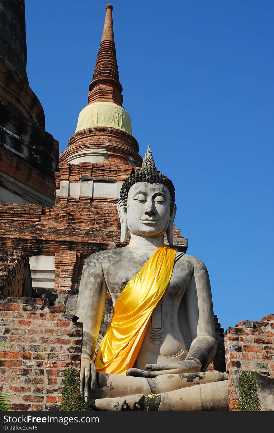 Old pagoda and big Buddha statue in Ayuthaya temple Thailand.