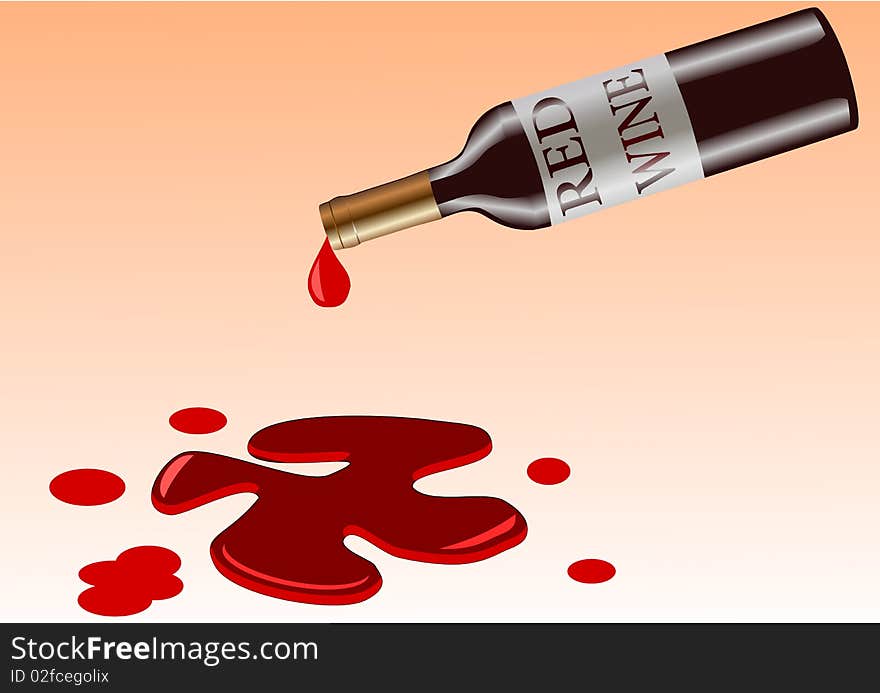 Vector Illustration Of Bottle That Spill Red Wine