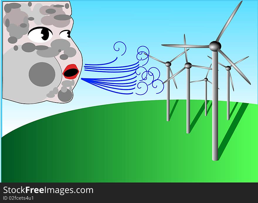 Wind turbines and Aeolus god that blows wind toward them