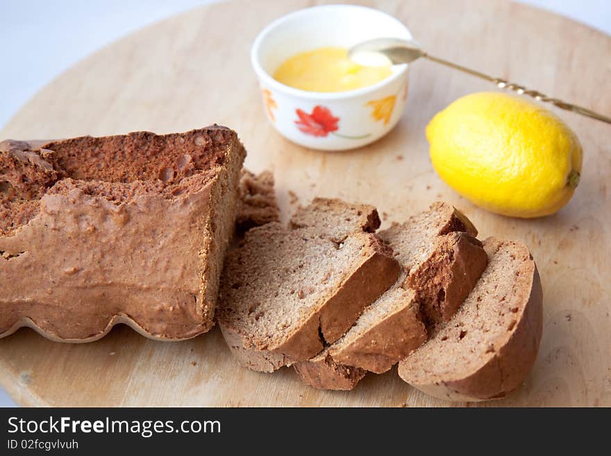 Breakfast with desert spice bread with lemon cream. Breakfast with desert spice bread with lemon cream