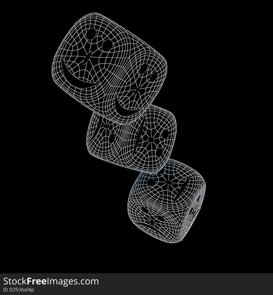 Conceptual playing bones. Done in luminous lines on a black background