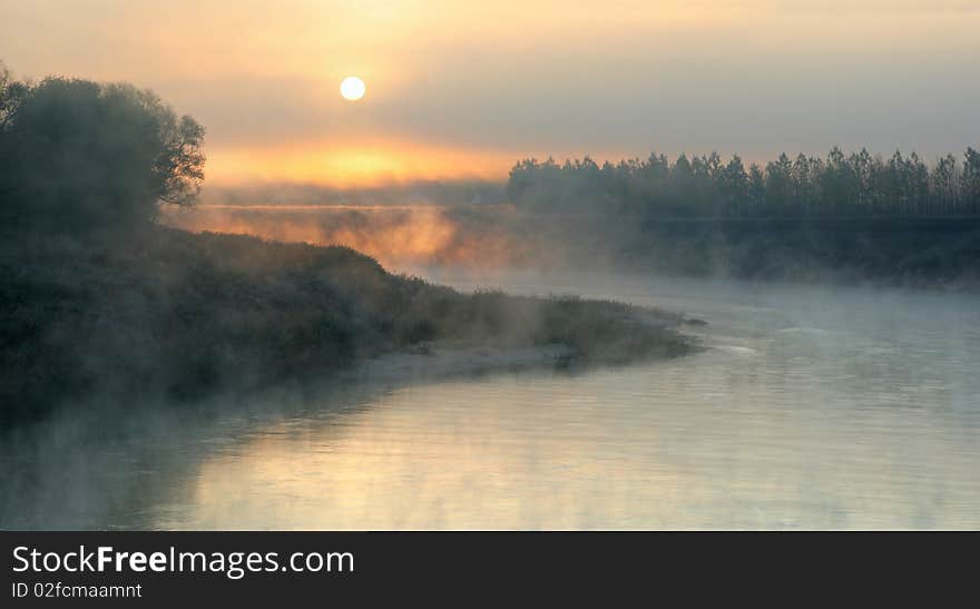 The river, foggy morning, sunrise. The river, foggy morning, sunrise